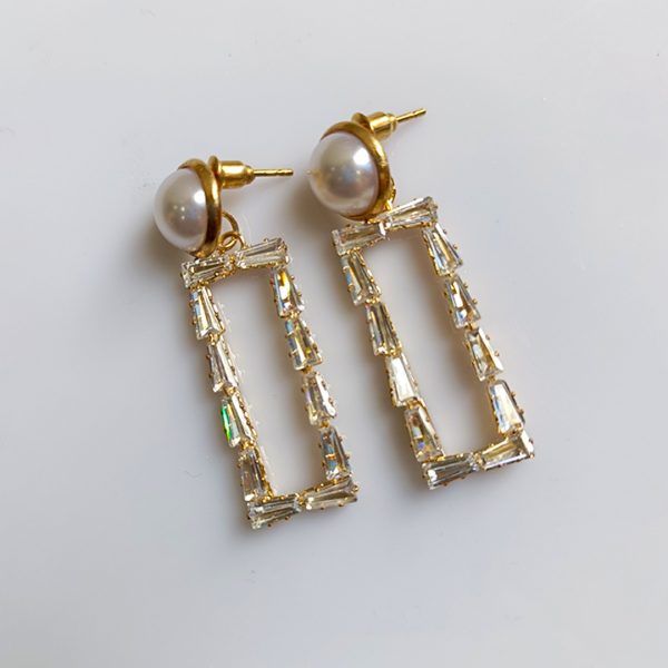 Modern Pearl & Baguette Rectangle Drop Earrings